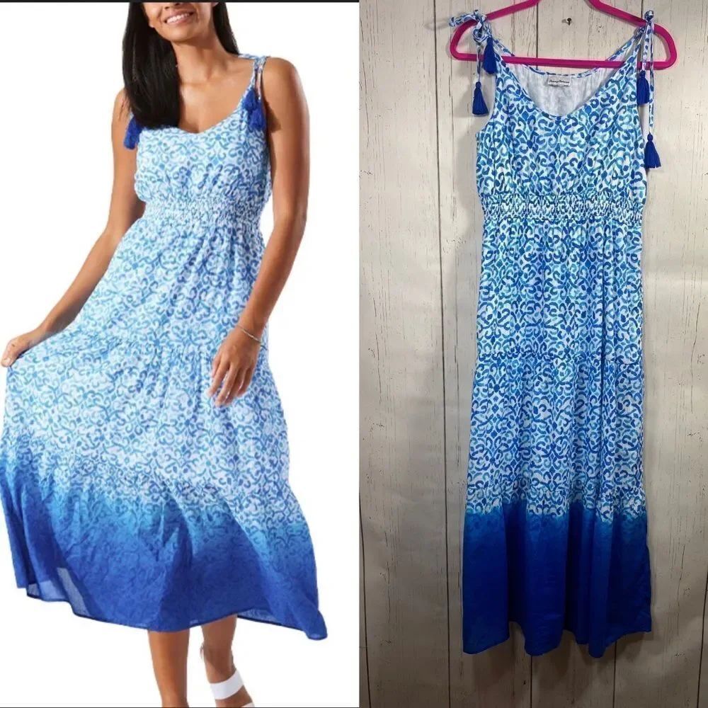 Tommy Bahama Blue White Tassel Maxi Dress Smocked Resort Beach Coastal Size S